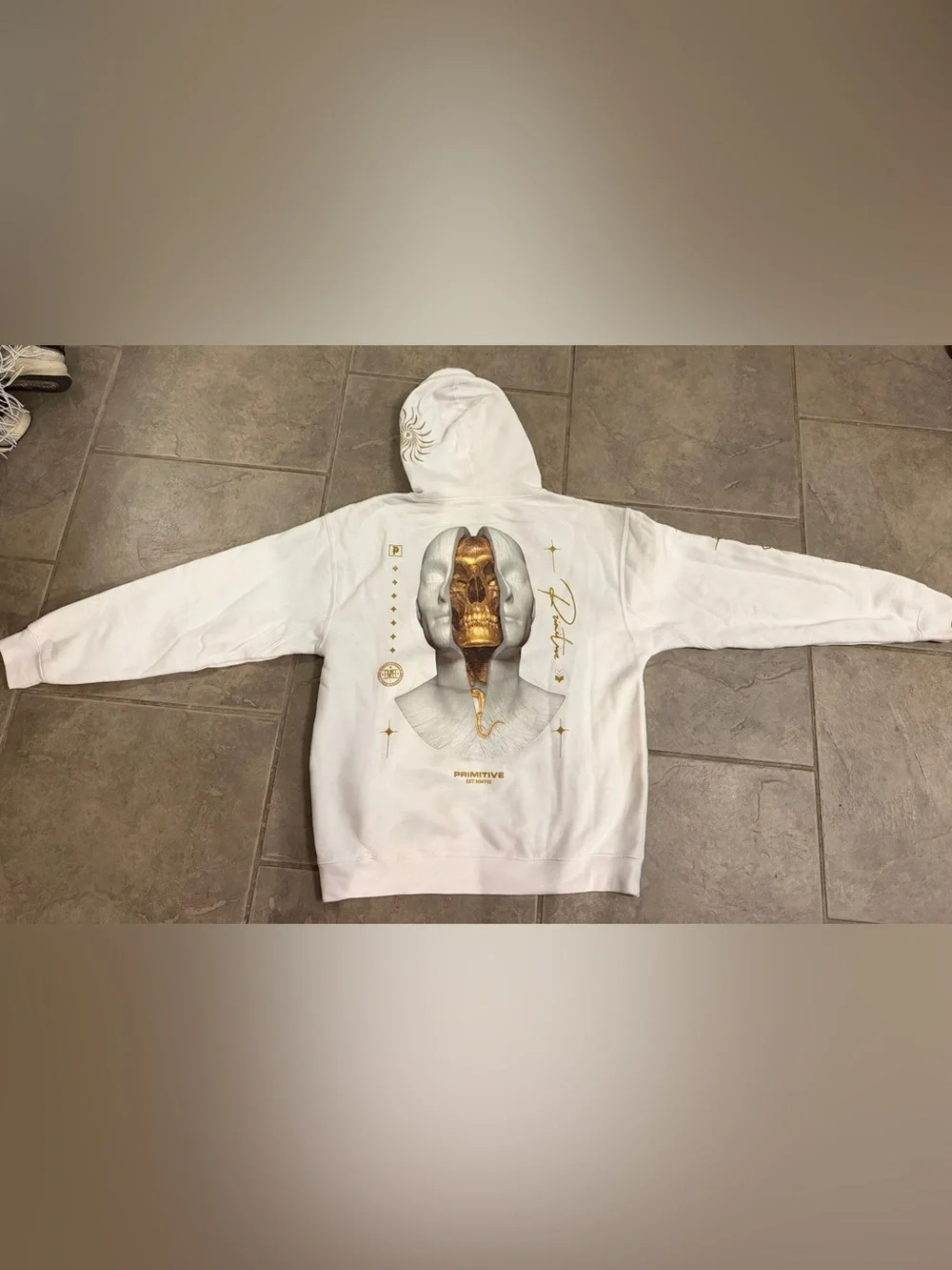 Primitive White Crewneck Hoodie with Gold Graphics